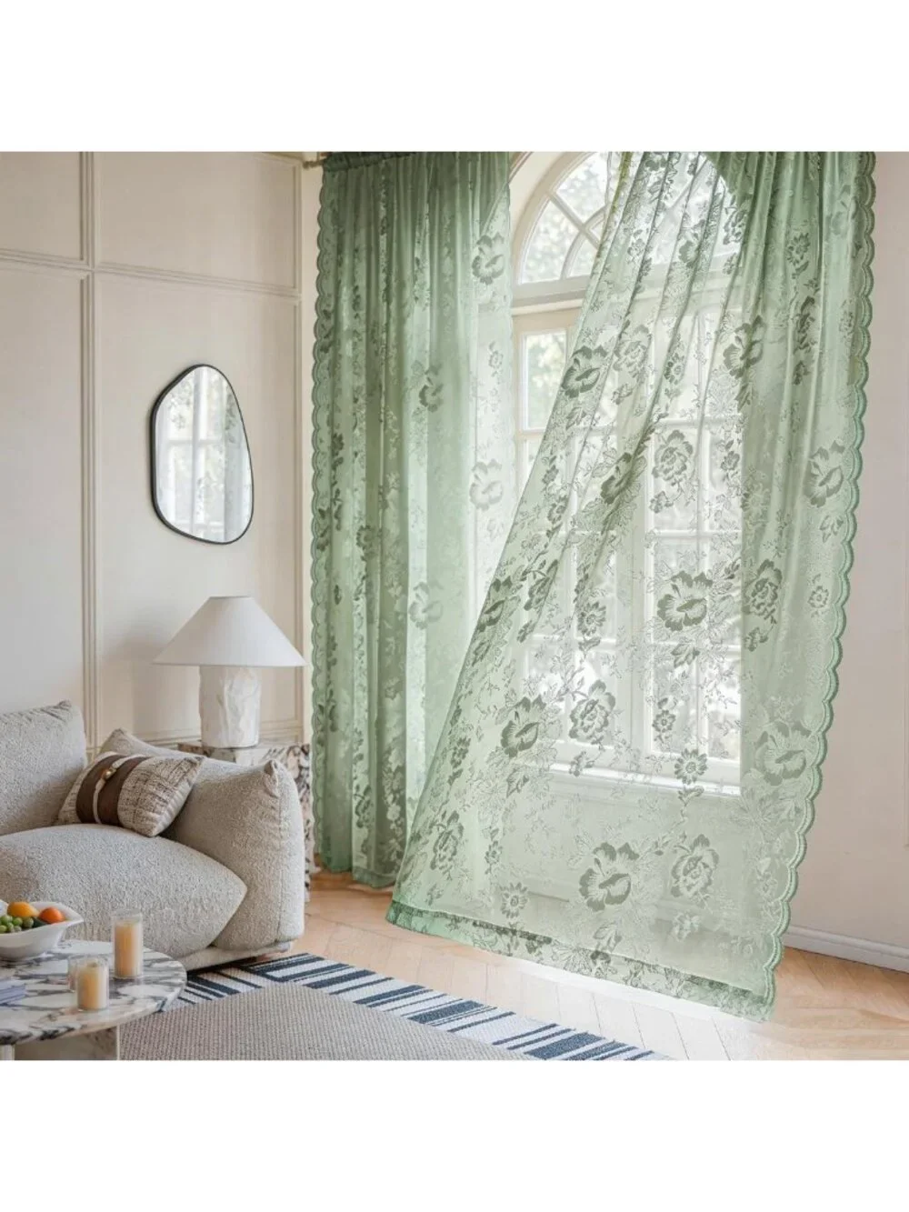 Sage Green Vintage Floral Lace Curtains - 84